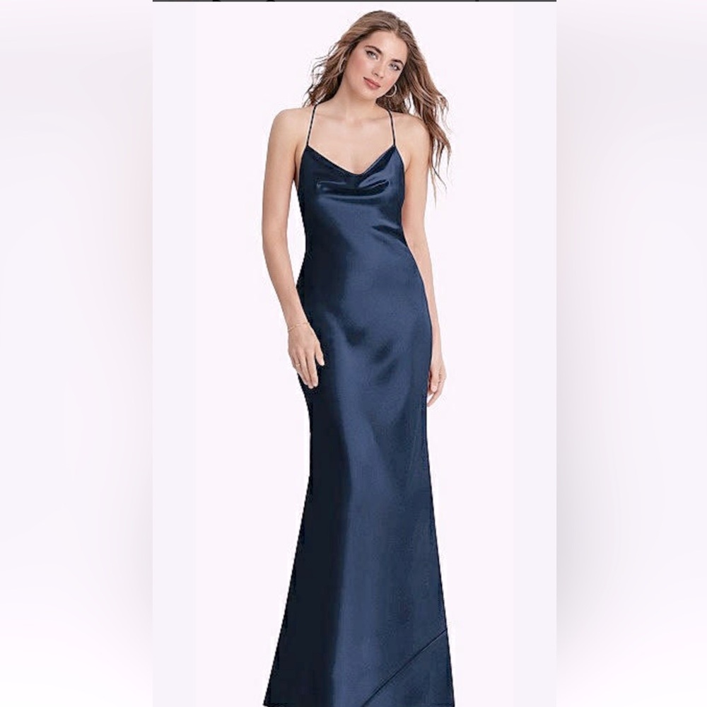 Dessy Collection Navy Satin Cowl Neck Spaghetti Strap Gown